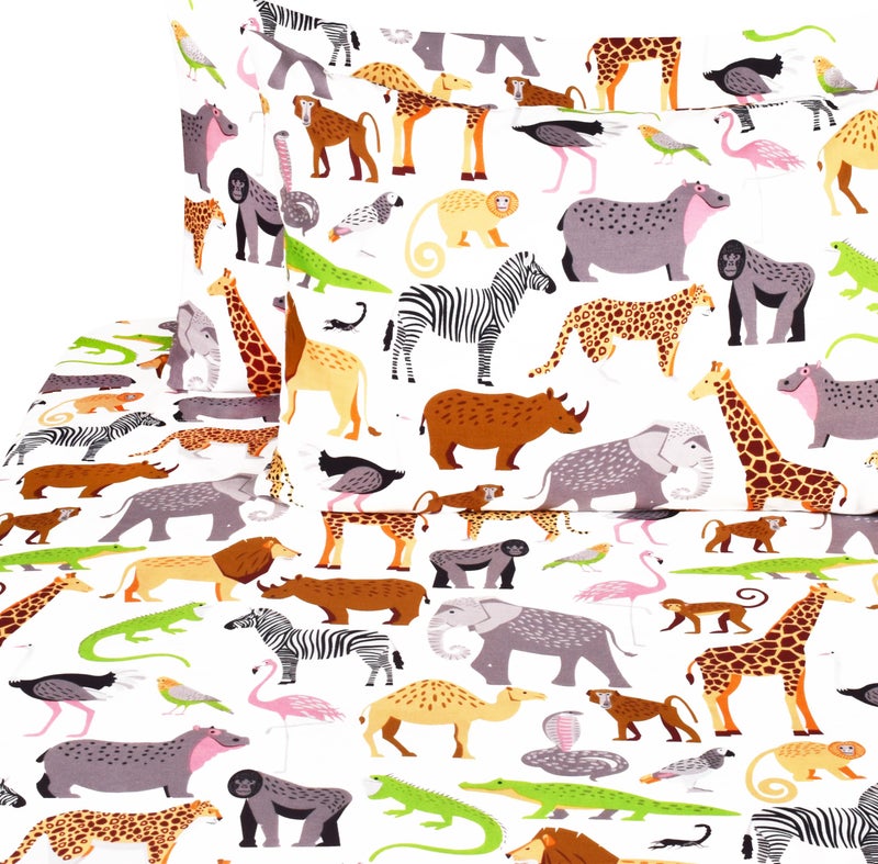 J-pinno Jungle Animals Leopard Zebra Elephant Snake Full Sheet Set Kids Boys Bedroom Decoration Gift, 100% Cotton, Flat Sheet + Fitted Sheet + Pillowcillowcase Bedding Set (15, Full) - Image 1